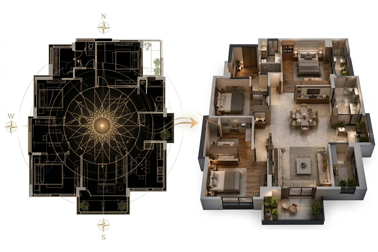 NaviVastu floor plan analysis — compass overlay, room zones, and 3D home render